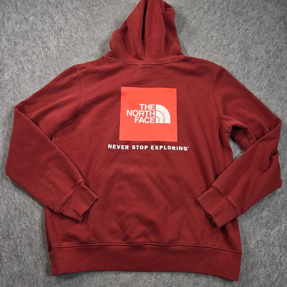 The North Face Hoodie Mens Large Brown Box Logo Fleece Never Stop Exploring